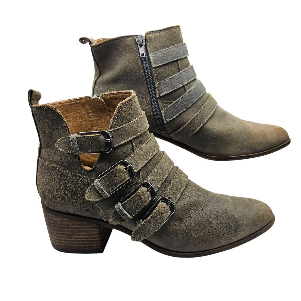 Lucky Brand Loreniah Suede Buckle Ankle Boots Booties Gray Green Sz 8.5